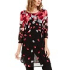 NWT Alfani Geo Buds Chiffon Layered Black Pink Crew Neck Tunic Top Sz 2X